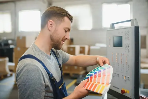 portrait production line worker controlling manufacturing process modern packaging industrial machine printing factory 255667 28700